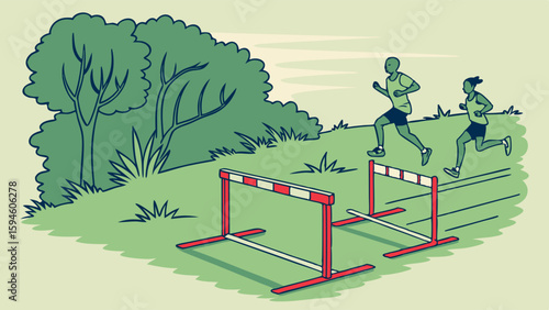 Runners Leaping Hurdles in a Scenic Park Setting.
