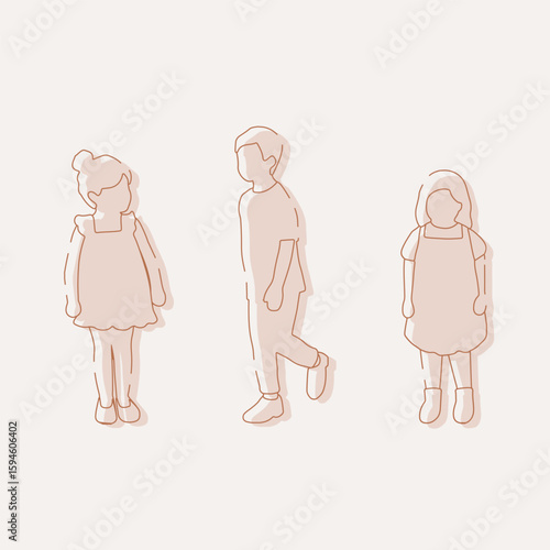 flat minimal children male and female vector illustration in spring summer clothing concept isolated set collection. Outline with silhouette shadow. For architecture, design, info graphic, media