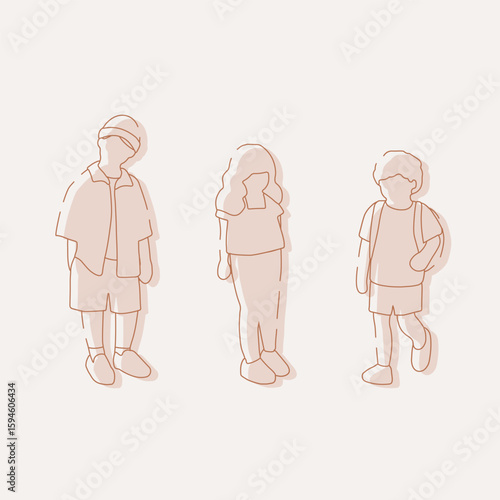 flat minimal children male and female vector illustration in spring summer clothing concept isolated set collection. Outline with silhouette shadow. For architecture, design, info graphic, media