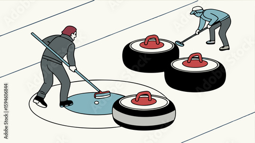 Two curling players sweeping ice with stones on the rink.