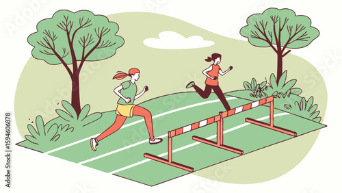 Two female athletes running hurdles on a track illustration.