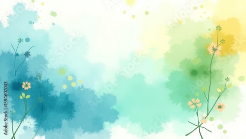 Watercolor Floral Background Teal Green Yellow Flowers