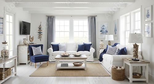 Bright, airy living room with white furniture, blue accents, and coastal decor elements.