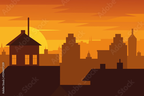 Golden Glow Over City Rooftops at Sunset Art