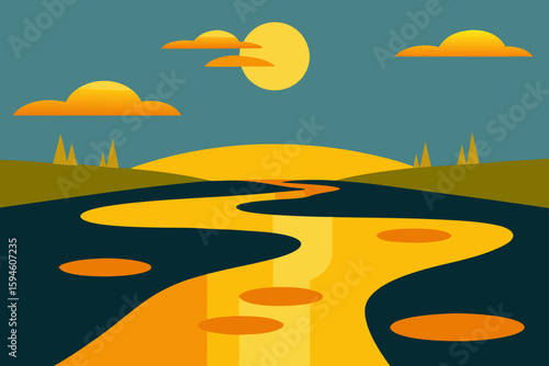 Golden Hour Reflections in Puddles on Country Road