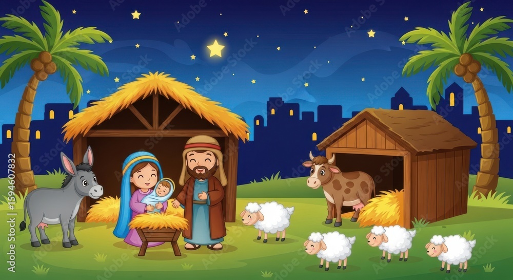 Naklejka premium Christmas Nativity Scene with Animals and Holy Family