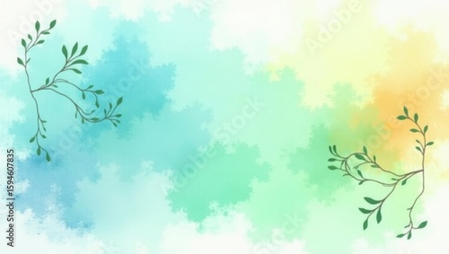 Watercolor Pastel Green Blue Yellow Background with Twigs