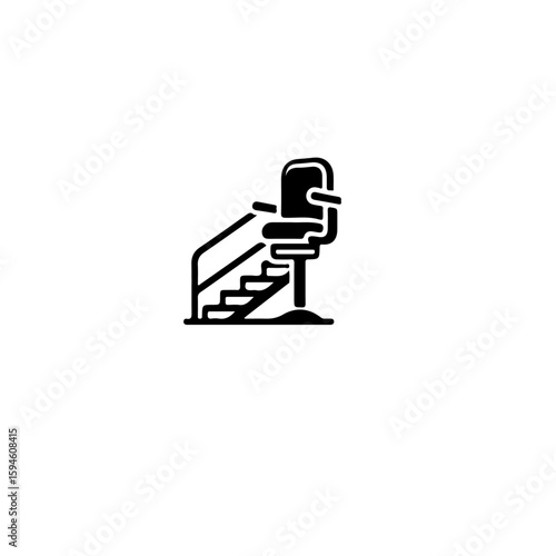 A black and white illustration of a stair lift with a chair attached to it
