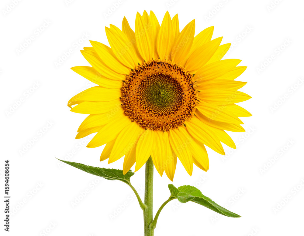 Fototapeta premium Sunflower with Stem and Leaf, Angled View, Transparent Background