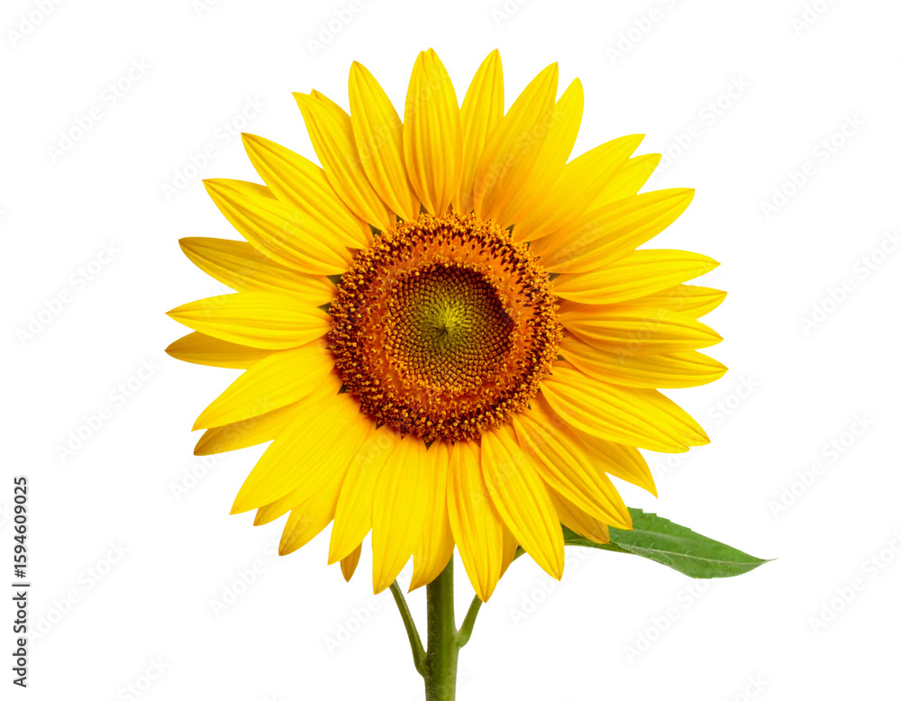 Obraz premium Sunflower with Stem and Leaf, Angled View, Transparent Background