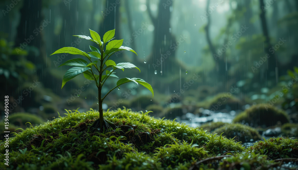 Fototapeta premium Nurturing growth young plant emerging in rainy forest nature photography lush environment close-up view
