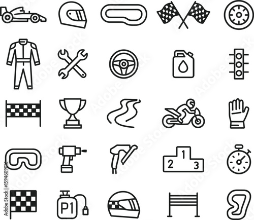  Motorsports Vector Icon Set with Adjustable Line Weight Featuring Racing Car, Motorcycle, Helmet, Trophy, Oil, Engine, Pit Stop, Fuel, Flag, Speed, and Competition Symbols