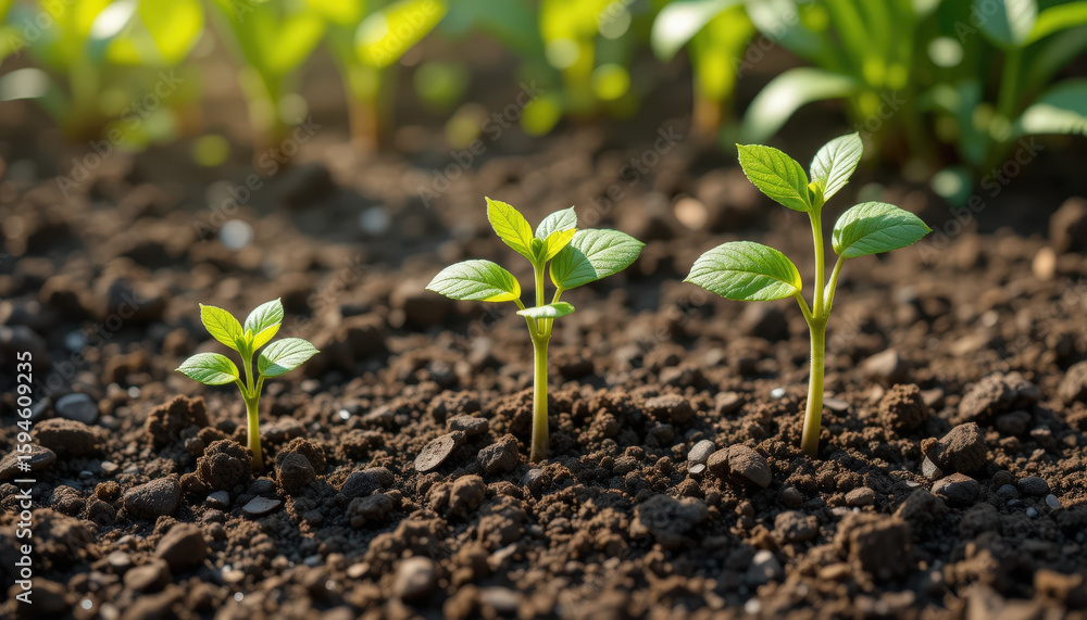 Fototapeta premium Plant growth stages in fertile soil garden nature photography bright environment close-up view sustainable development