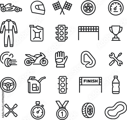  Motorsports Vector Icon Set with Adjustable Line Weight Featuring Racing Car, Motorcycle, Helmet, Trophy, Oil, Engine, Pit Stop, Fuel, Flag, Speed, and Competition Symbols