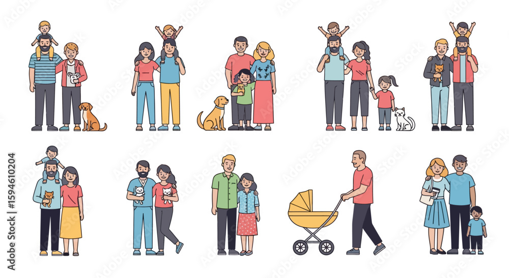 Fototapeta premium Diverse illustrations depicting various family units, showcasing different compositions and interactions.
