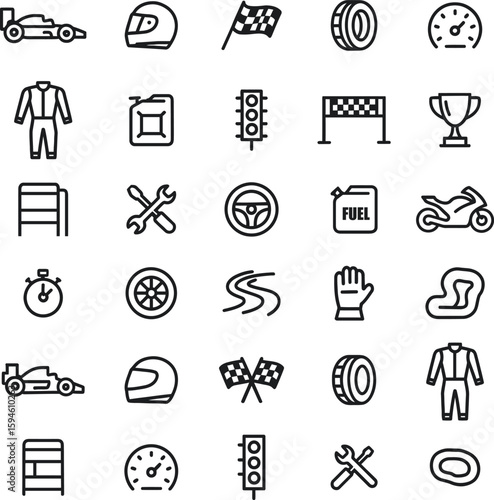  Motorsports Vector Icon Set with Adjustable Line Weight Featuring Racing Car, Motorcycle, Helmet, Trophy, Oil, Engine, Pit Stop, Fuel, Flag, Speed, and Competition Symbols