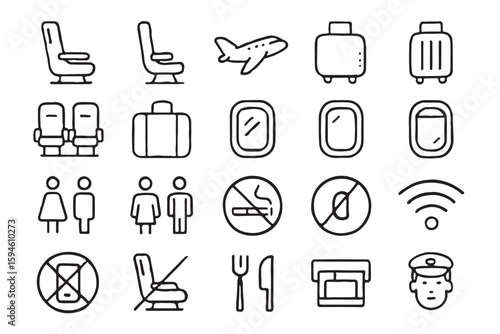 Black and white icons of airplane travel and amenities