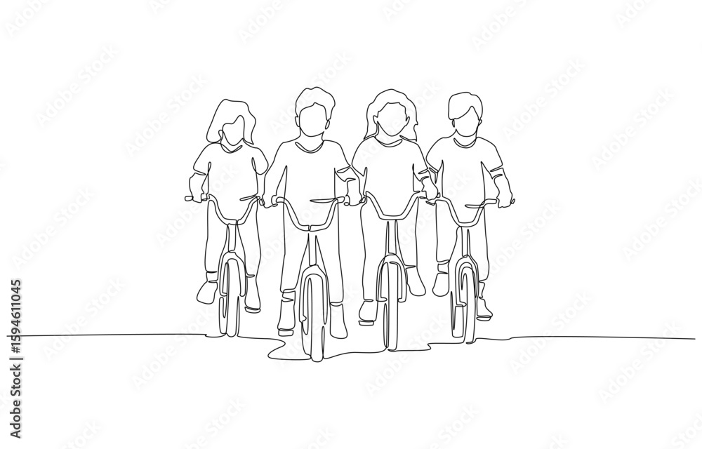 Continuous one line drawing of four children riding bicycles together, outdoor play, and the joy of childhood exploration concept, single line art Continuous one line drawing of four children riding bicycles together, outdoor play, and the joy of childhood exploration concept, single line art