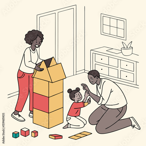 Family building cardboard fort together indoors child parents