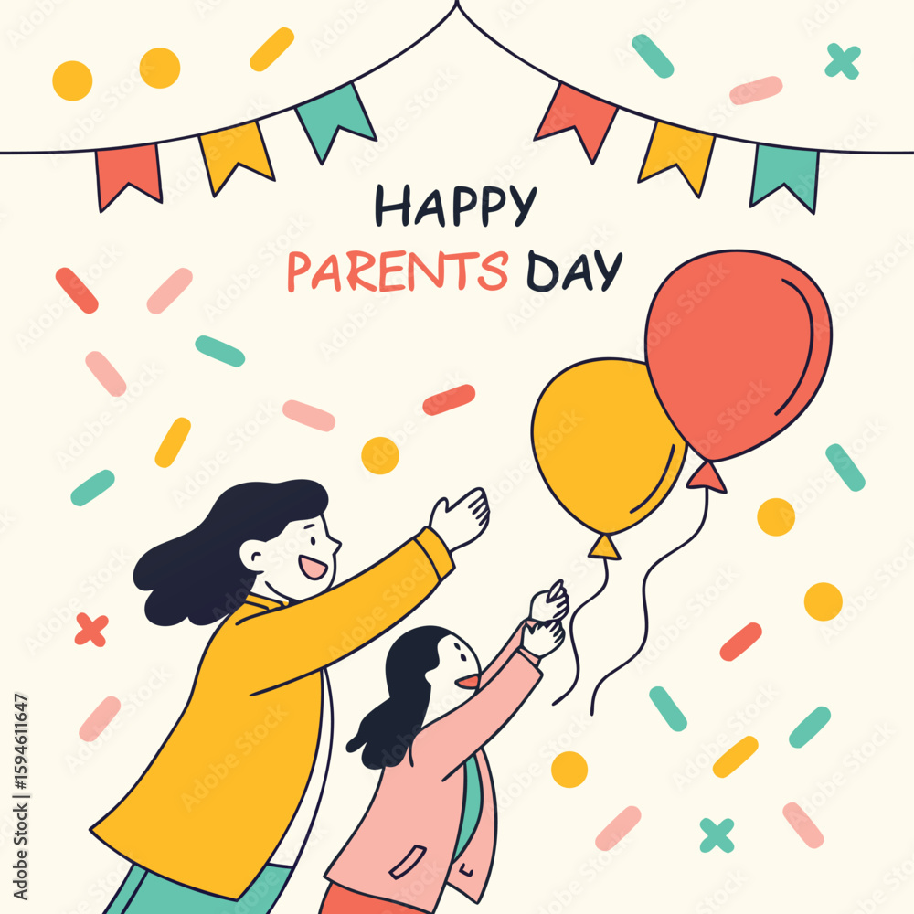 Obraz premium Parents celebrating with balloons and confetti celebration happy