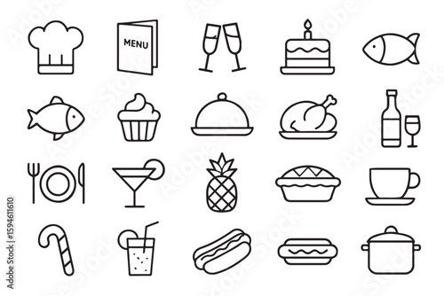 Collection of twenty black outline food and drink icons