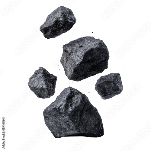 Dark, jagged rocks levitate against black