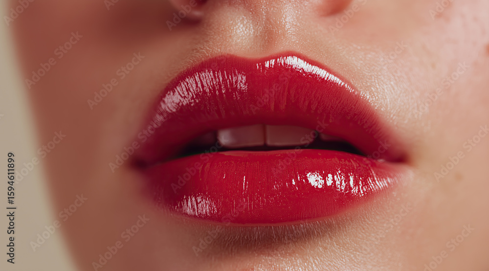 Naklejka premium Glossy crimson lipstick adorns perfectly shaped feminine mouth in stunning close-up beauty portrait.