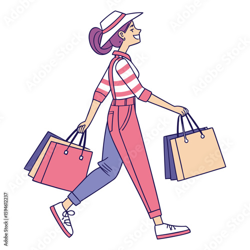 Stylish woman walking with shopping bags wearing a hat and casual outfit