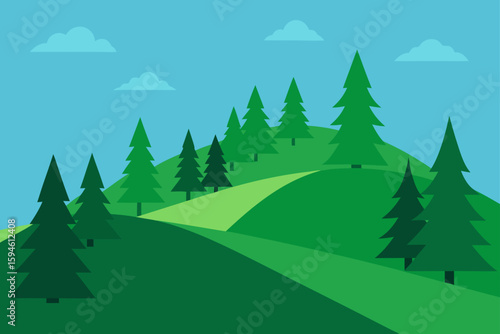 green hillside and pine woods
