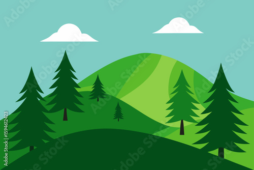 green hillside and pine woods