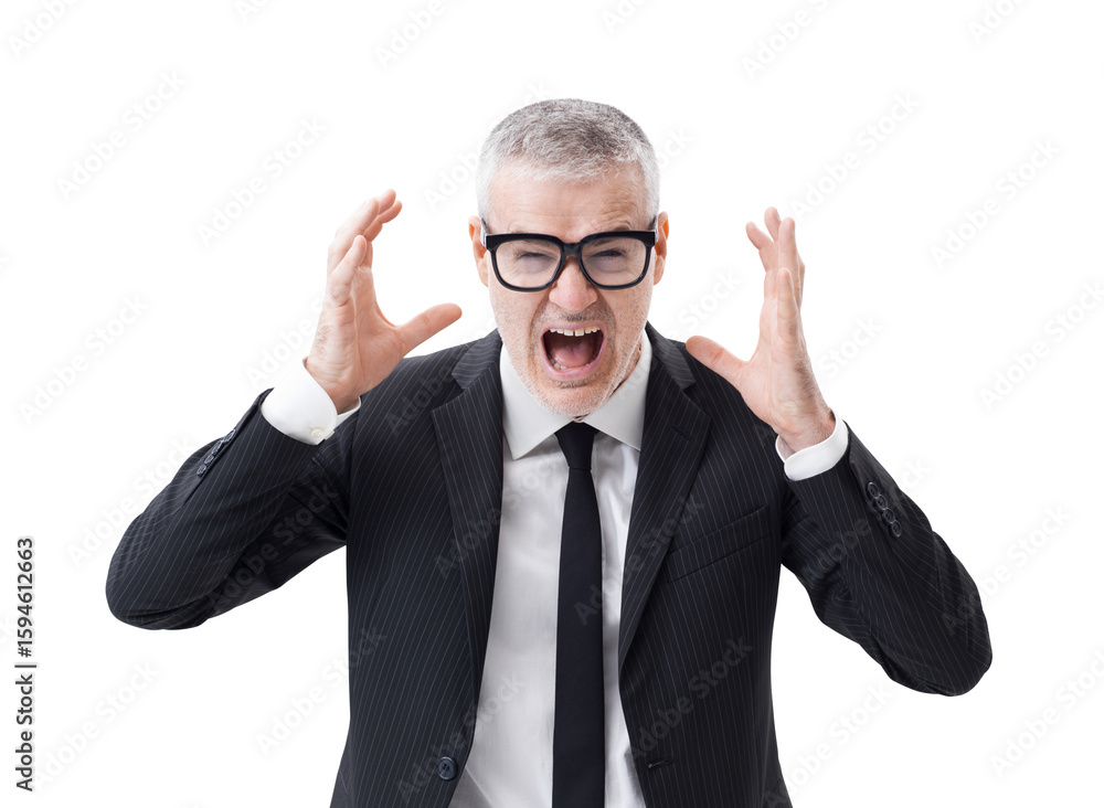 Portrait of a middle-aged businessman screaming and despairing, half-length isolated on white background Portrait of a middle-aged businessman screaming and despairing, half-length isolated on white background