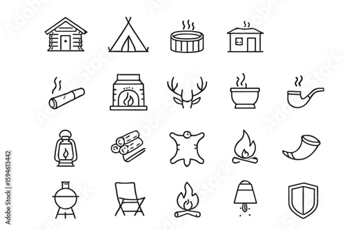 Hand drawn line art icons for outdoor activities and rustic living