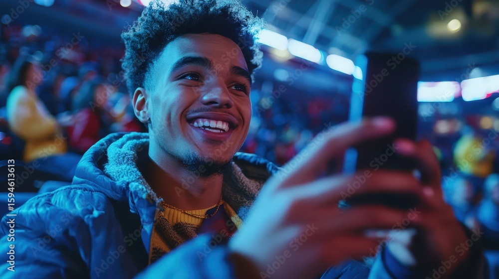 Obraz premium Young Man Smiling with Joy and Excitement in a Crowded Arena