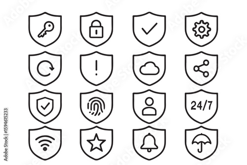 Sixteen shield icons with security and protection symbols