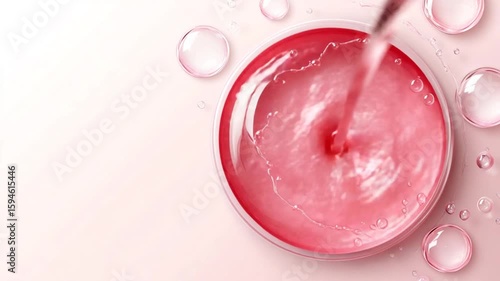 Liquid essence pouring into petri dish with bubbles on a pink background concept