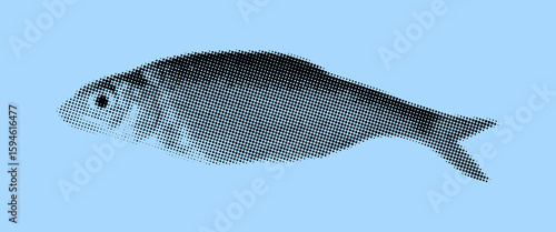 Vector fish with halftone effect. Roach on blue background. Digital illustration for design and decoration with comics texture.