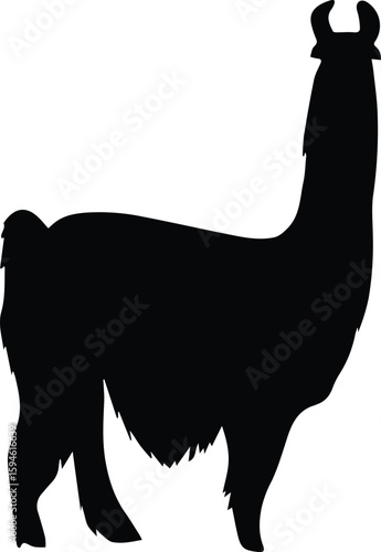 A black silhouette of a llama stands isolated on transparent background