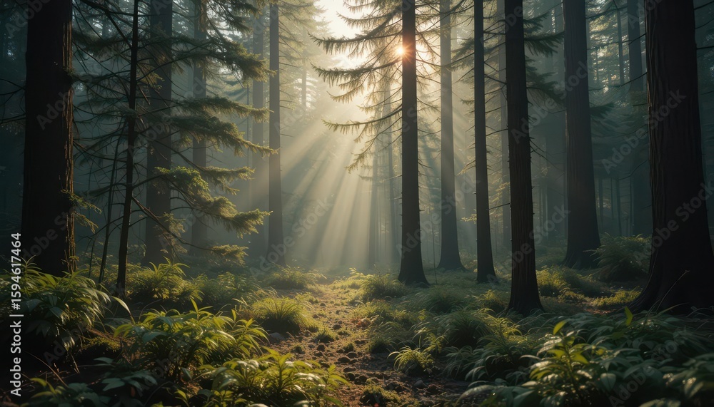 Obraz premium Detailed Coniferous Forest with Morning Dew Photorealistic Style