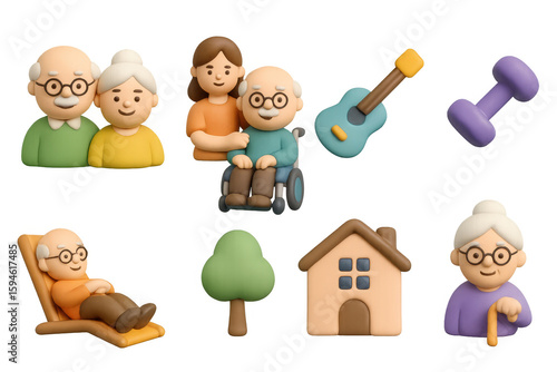 3d family moments: grandparents and caregiver with cozy activities and elements