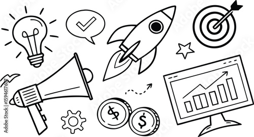 Hand drawn business icons lightbulb rocket ship target coins computer graph megaphone doodle illustration
