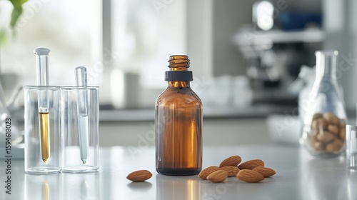 Brown Glass Bottle with Almonds and Lab Equipment for Skin Care