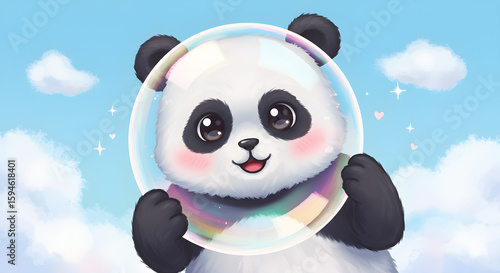 illustration of a cute panda character behind a bubble