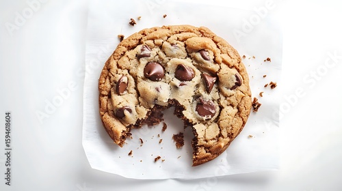 A partially eaten chocolate chip cookie on parchment paper
