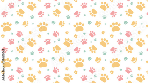 Seamless colorful paw print vector background. Cute pet footprints in yellow, pink, and teal. Adorable pattern for kids and pets