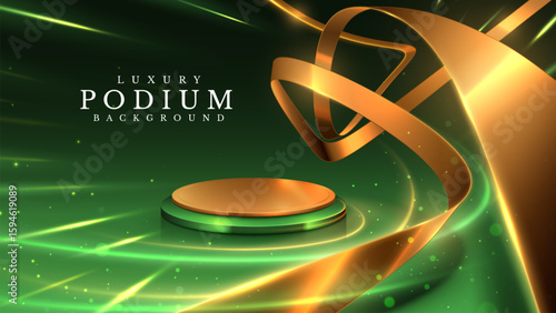 Golden empty podium with aurora beam effect decoration and ribbon element. Luxury green background design concept for promotion beauty product and cosmetic or award ceremony scene.