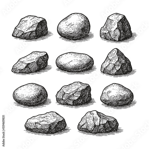 Vintage ink sketch set of various shaped stones and rocks, hand-drawn in detailed textured line style.