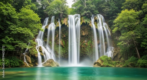 Majestic Waterfall Cascading Through Lush Green Jungle into Serene Turquoise Pool