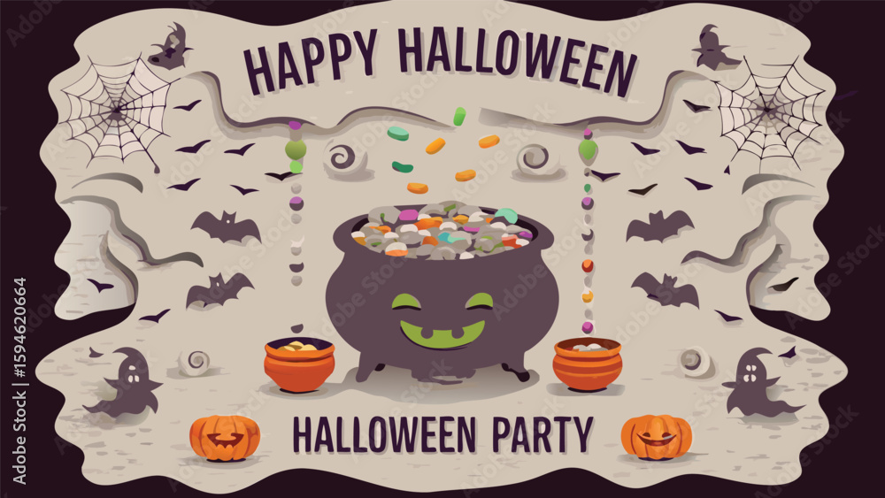 Naklejka premium Illustration of a halloween party scene with cauldron, bats, ghosts and pumpkins displayed
