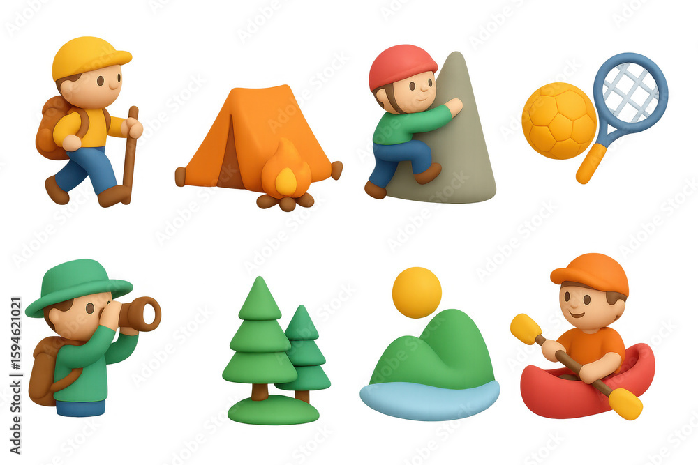 Fototapeta premium 3d cartoon adventure activities: hiking, camping, climbing, kayaking, exploring