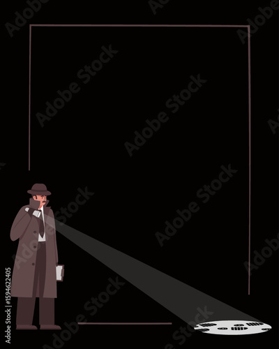 Detective shines a flashlight on shoe prints. Search for evidence in the dark. Crime investigation concept. Frame with dark background.  Vector illustration in flat style.
